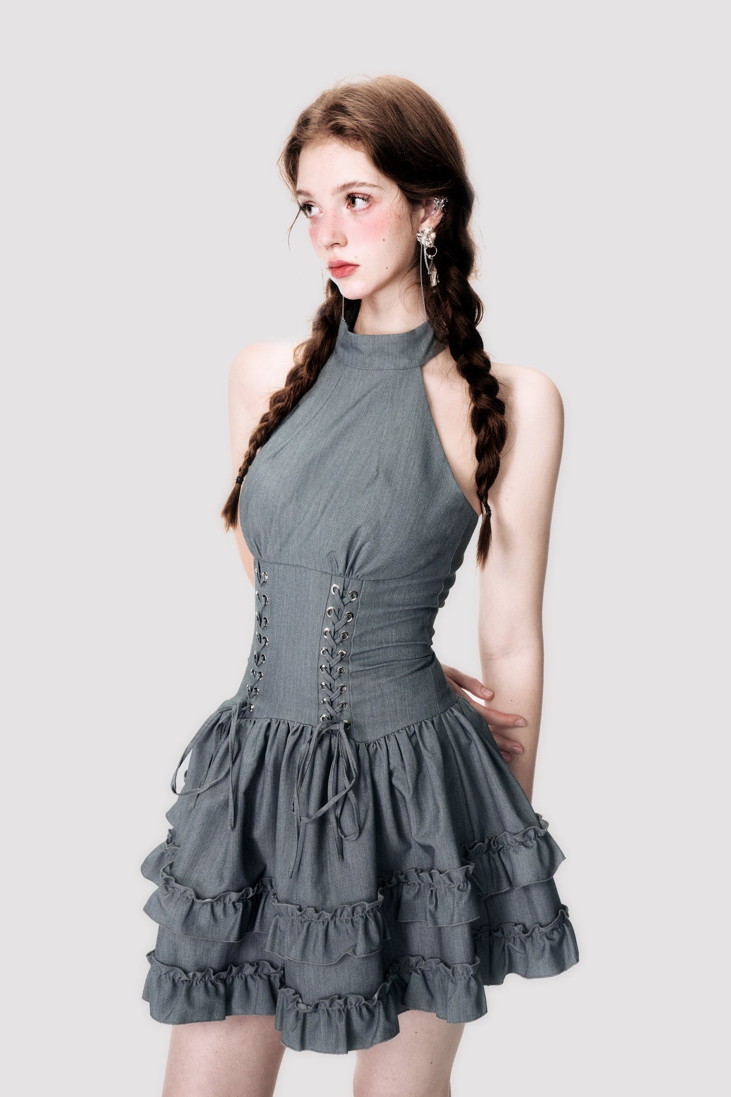 Lace-Up Corset Waist Sleeveless Halter Dress