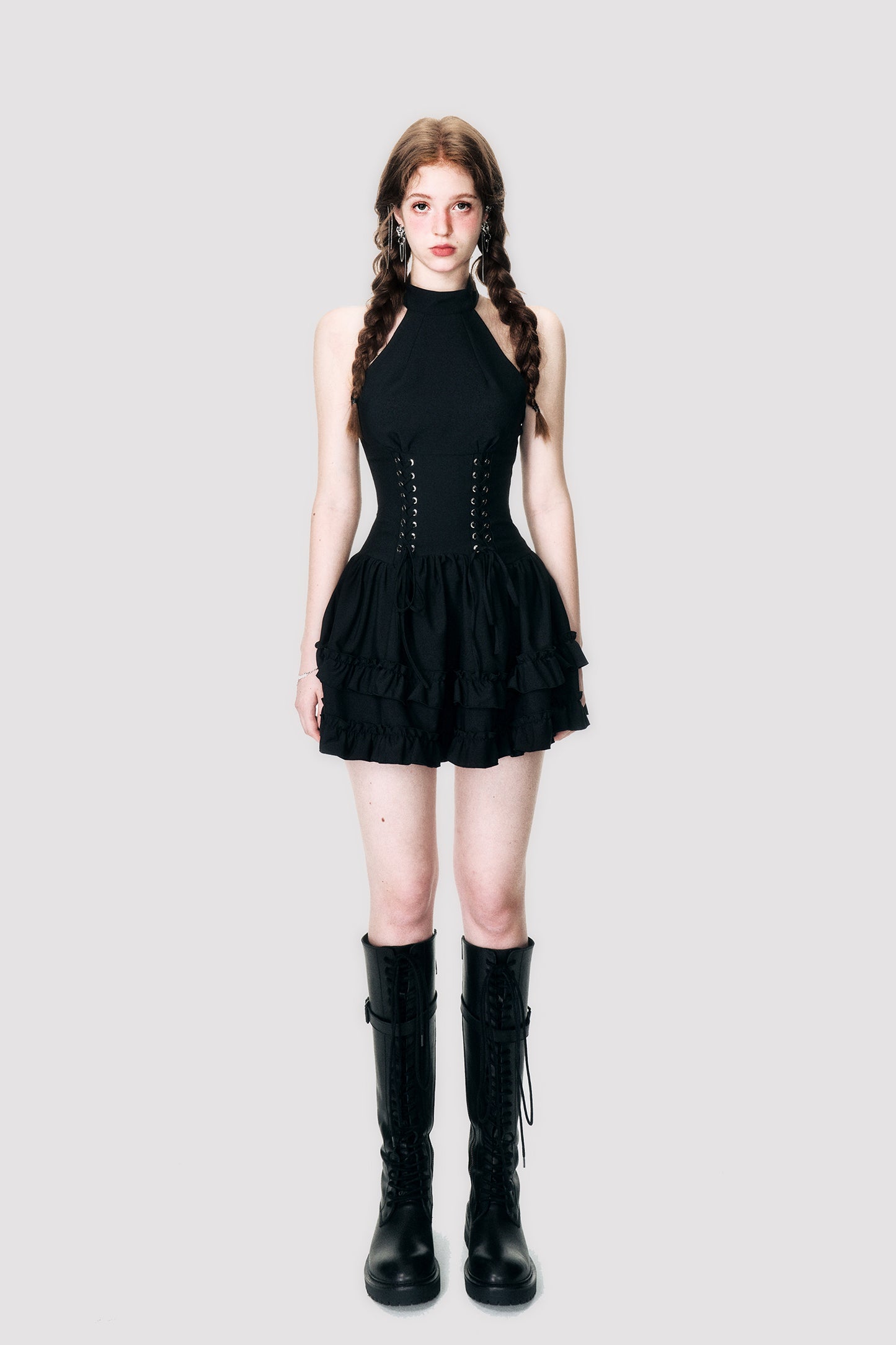 Lace-Up Corset Waist Sleeveless Halter Dress