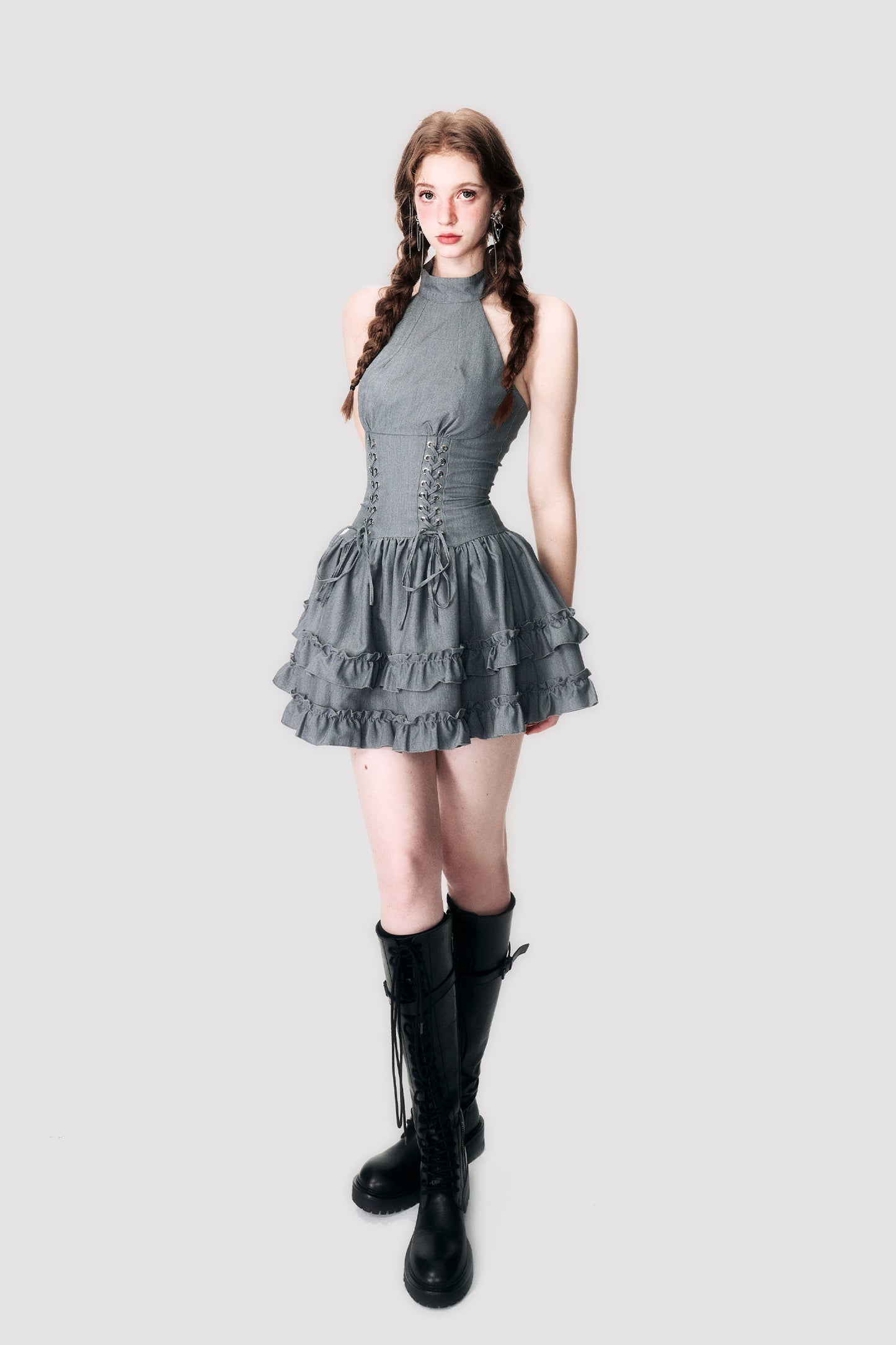 Lace-Up Corset Waist Sleeveless Halter Dress