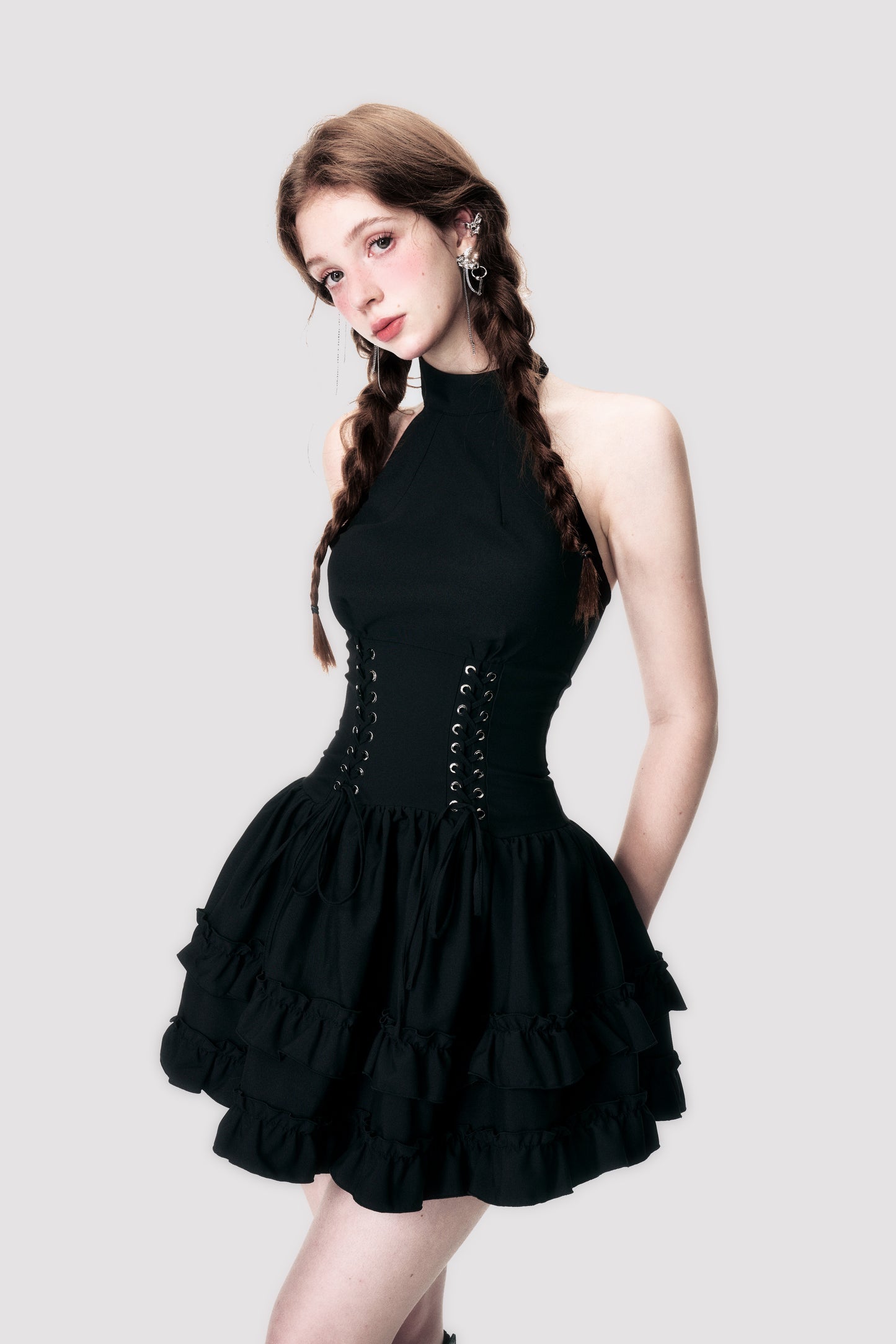 Lace-Up Corset Waist Sleeveless Halter Dress