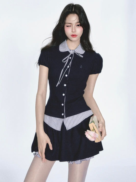 Gingham Check Knit Blouse & Skirt