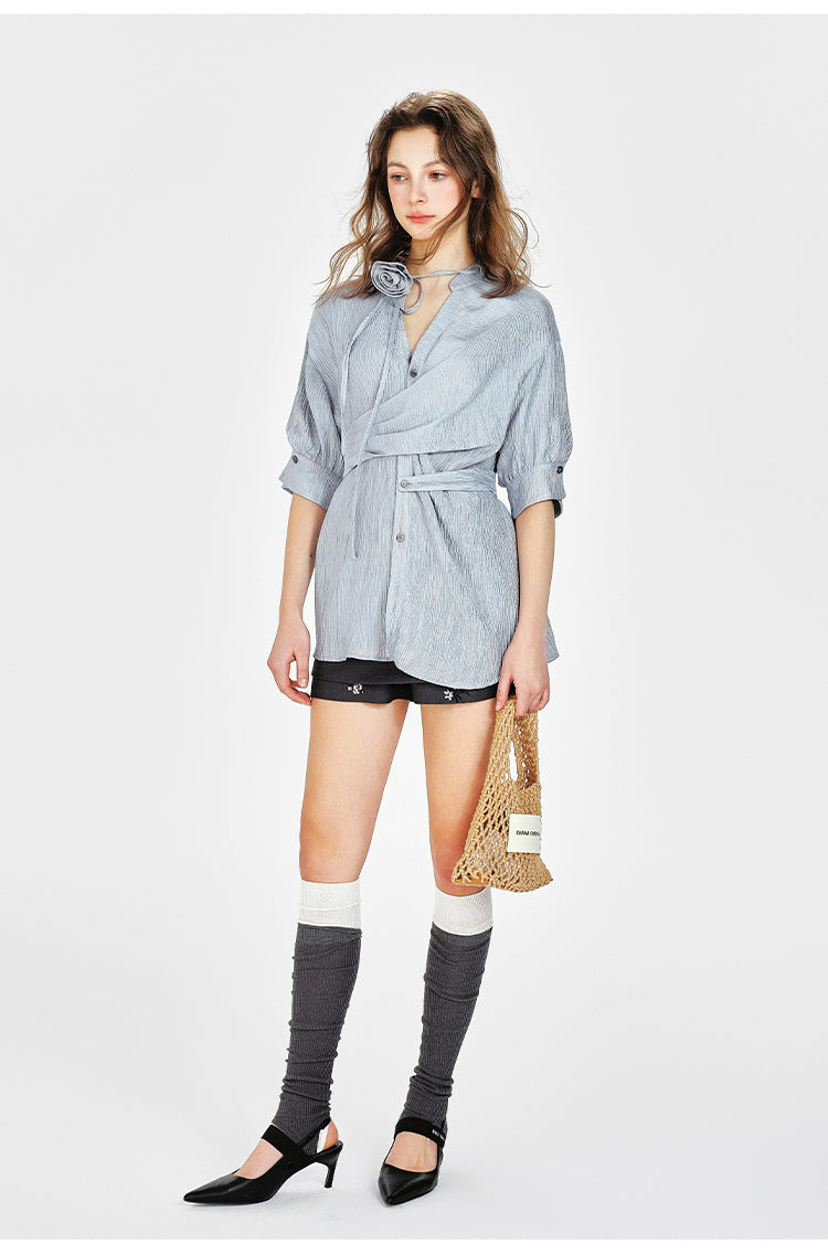 Asymmetrical Draped Belted Blouse With Floral Tie