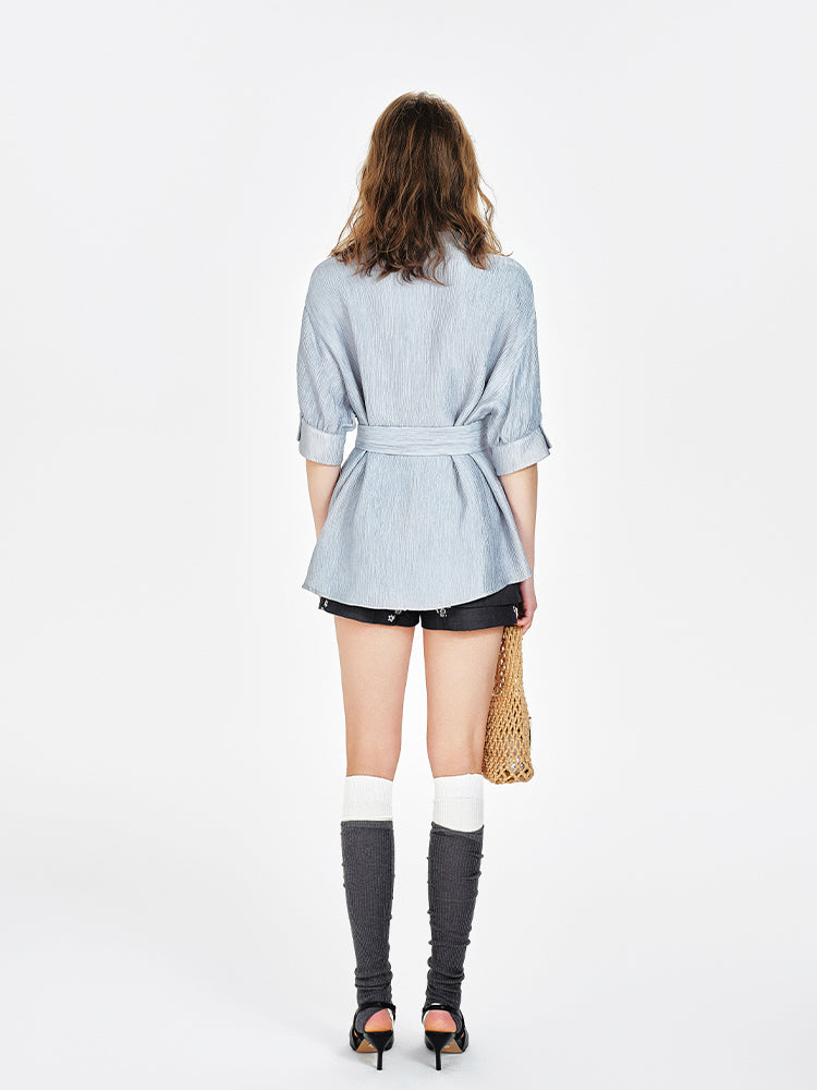 Asymmetrical Draped Belted Blouse With Floral Tie