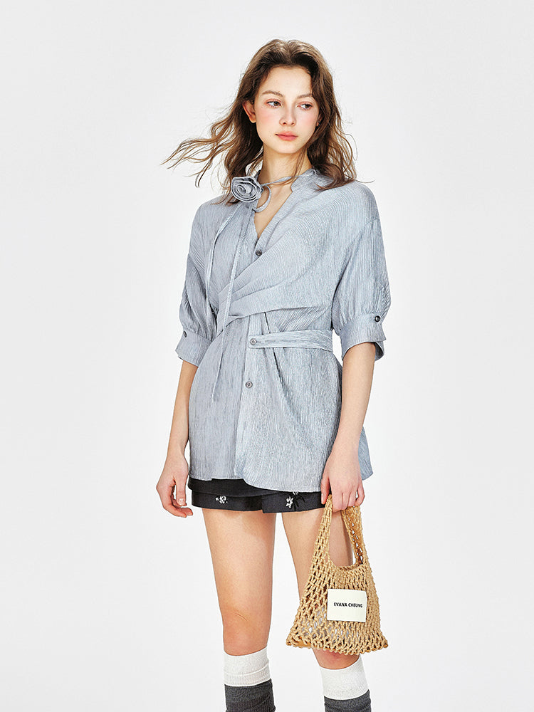 Asymmetrical Draped Belted Blouse With Floral Tie