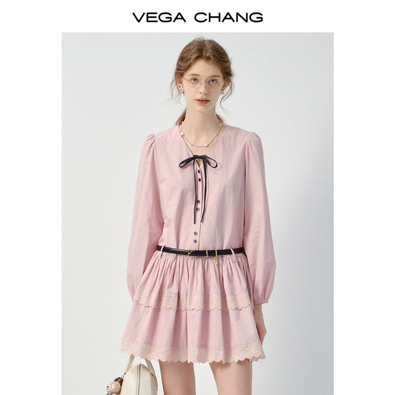 Tie Ribbon V-Neck Puff-Sleeve Shirt Dress