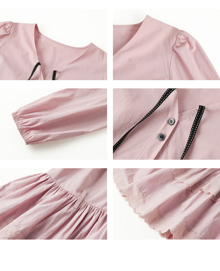 Tie Ribbon V-Neck Puff-Sleeve Shirt Dress