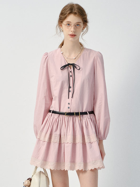 Tie Ribbon V-Neck Puff-Sleeve Shirt Dress
