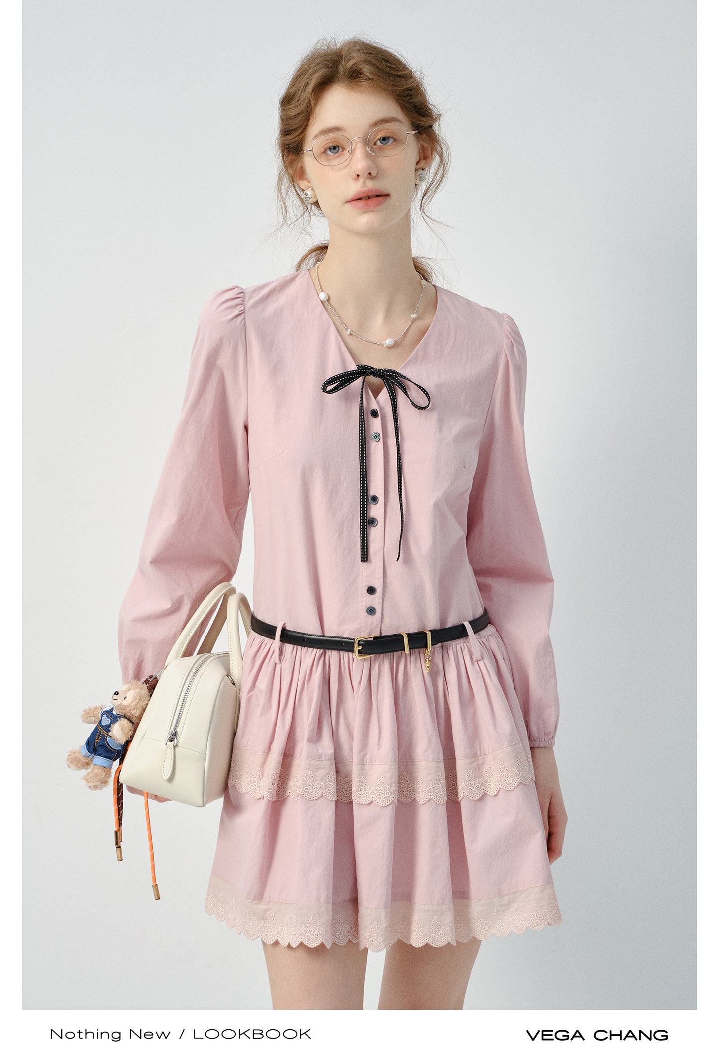 Tie Ribbon V-Neck Puff-Sleeve Shirt Dress