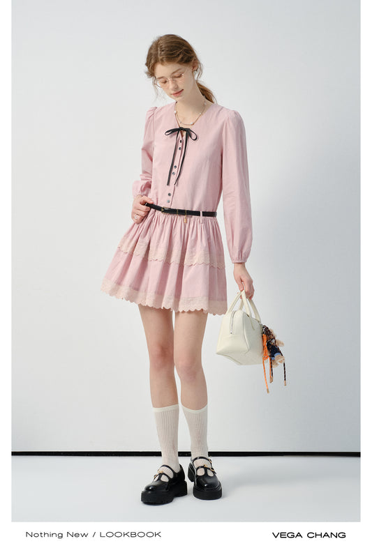 Tie Ribbon V-Neck Puff-Sleeve Shirt Dress