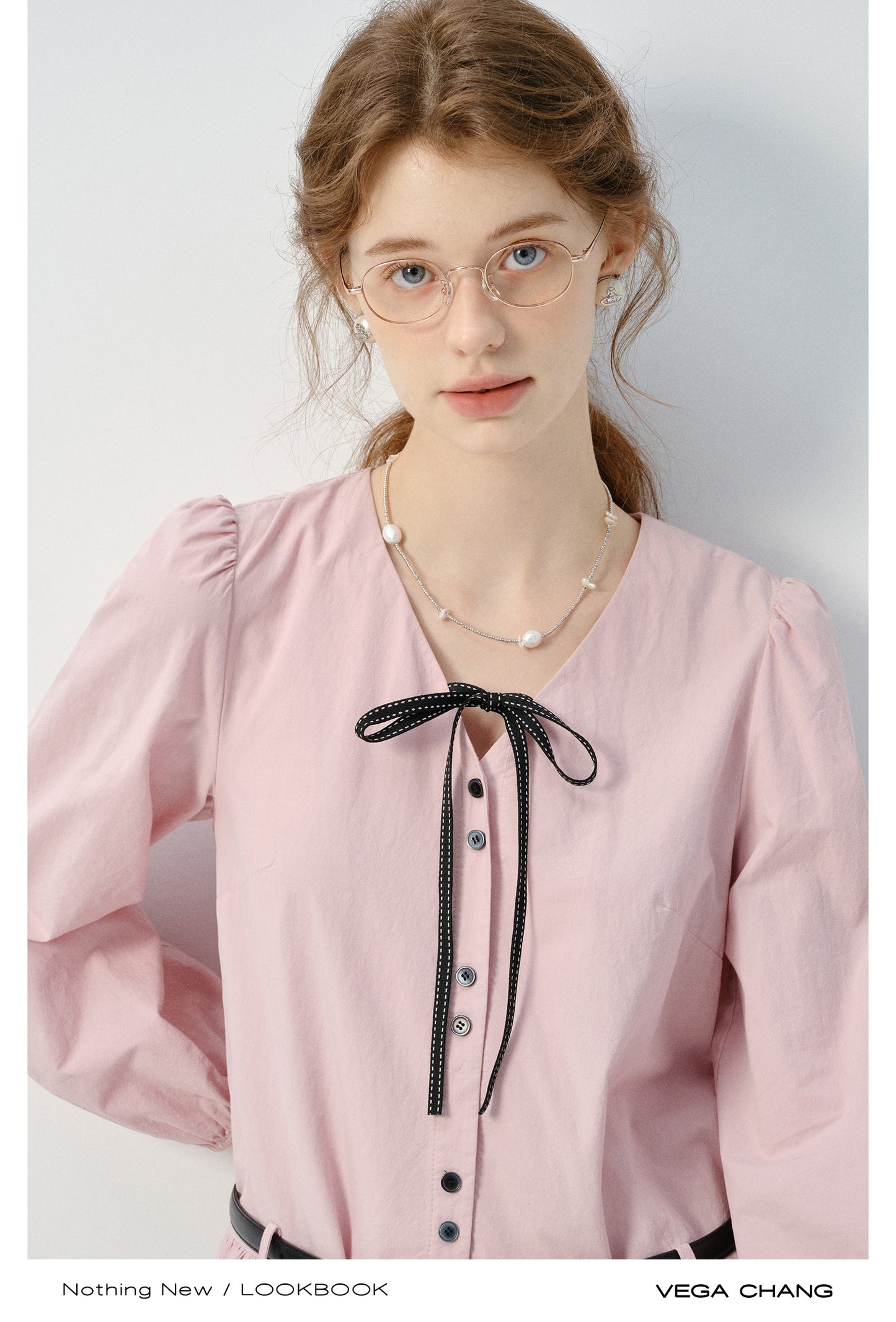 Tie Ribbon V-Neck Puff-Sleeve Shirt Dress