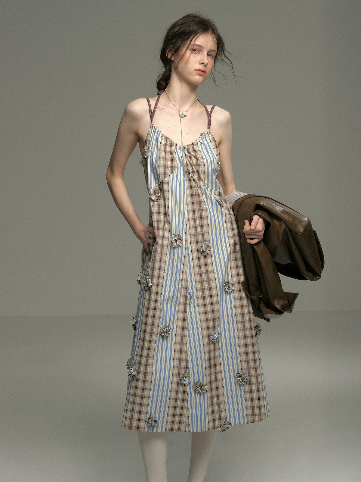 Floral Embellished Paneled Strap Dress