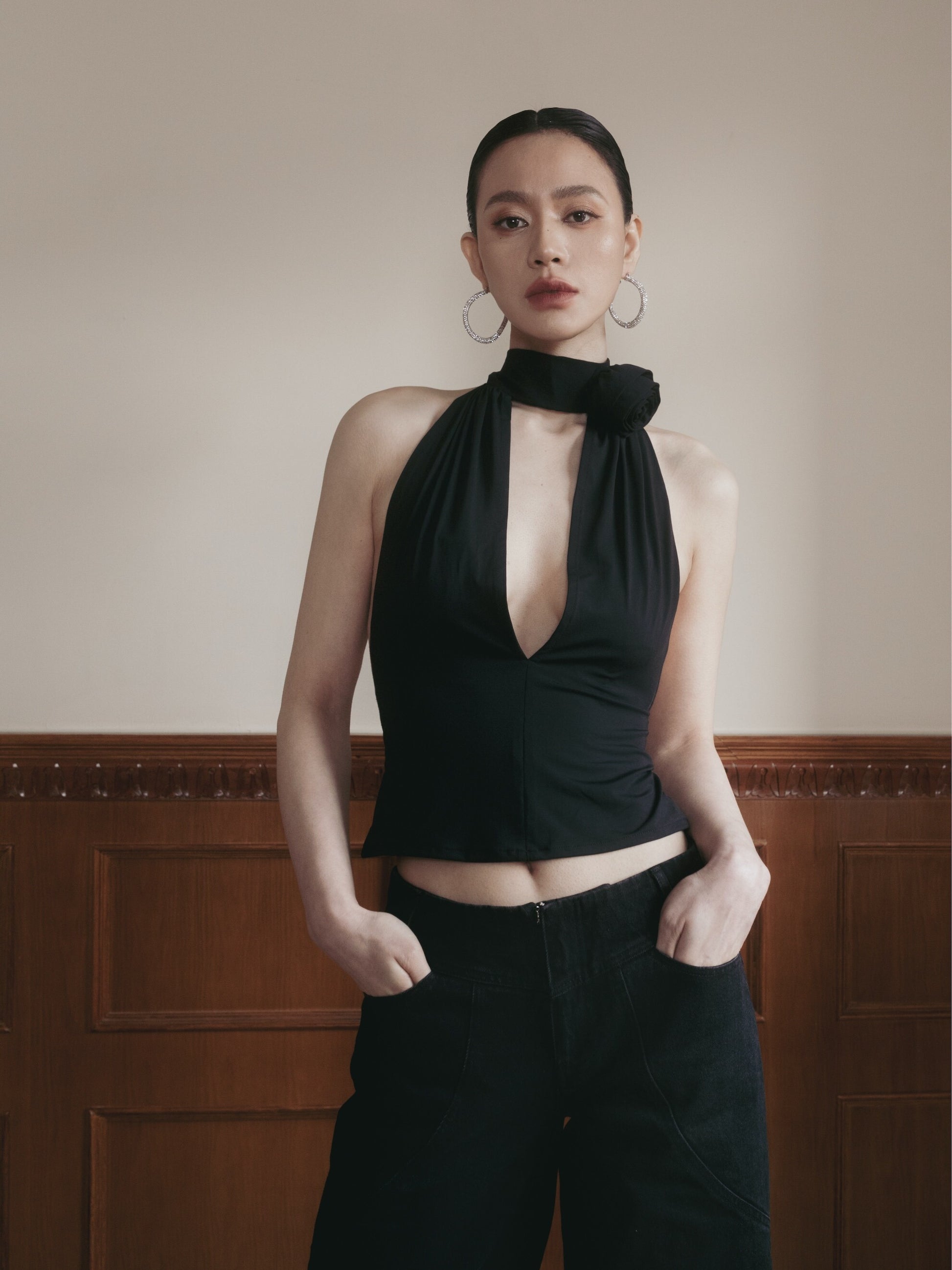 Open-Back Sleeveless Top With Rose Accent