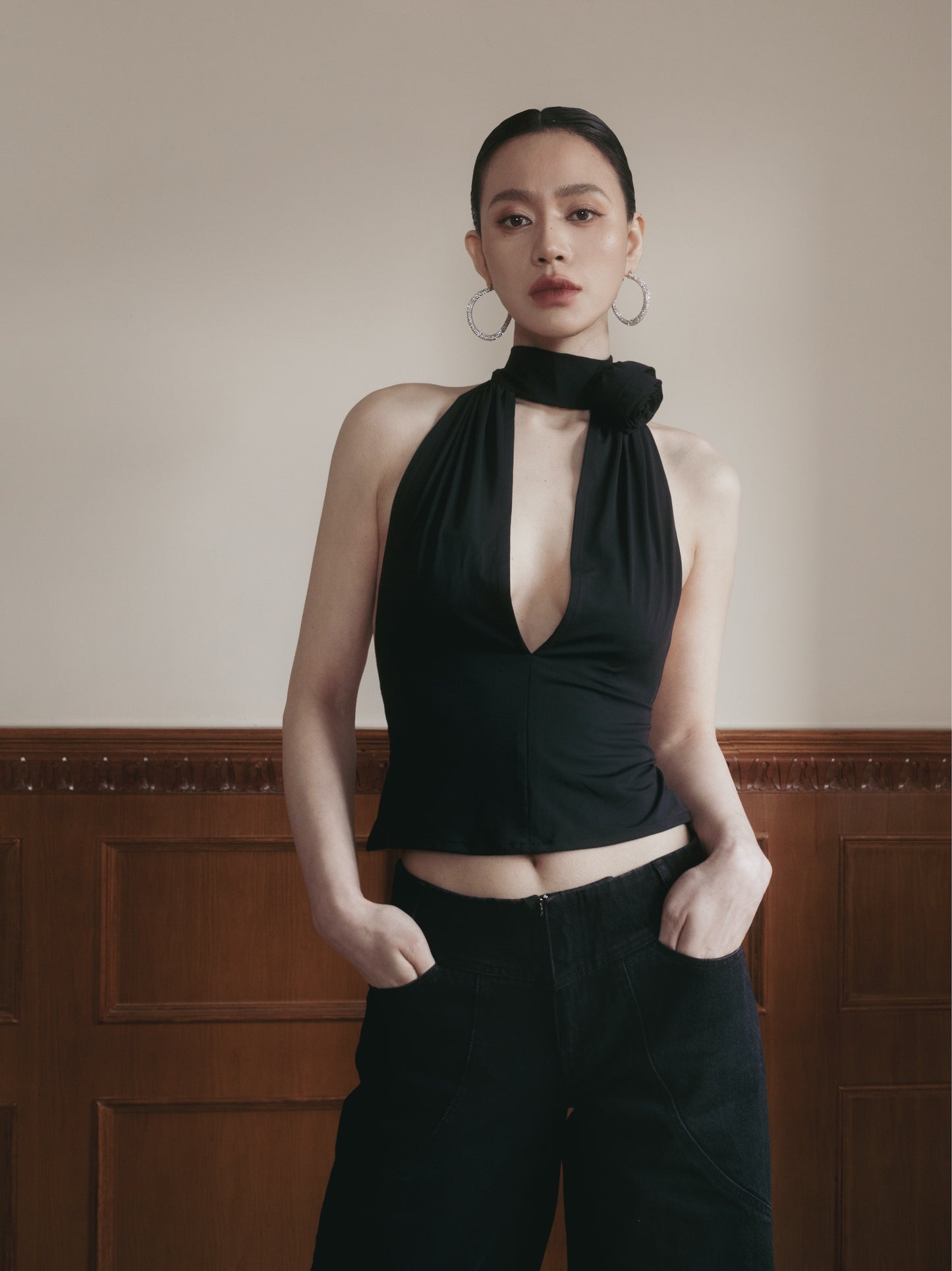 Open-Back Sleeveless Top With Rose Accent