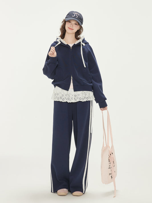 Lace Trim Zip-Up Hoodie & Two-Stripe Joggers