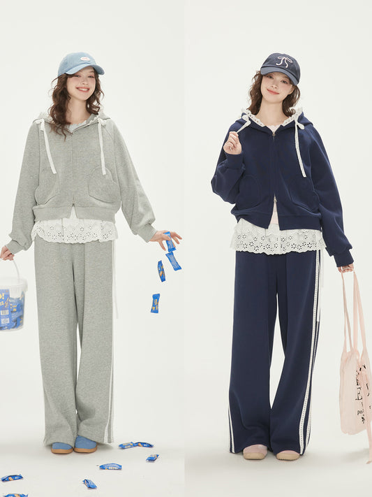 Lace Trim Zip-Up Hoodie & Two-Stripe Joggers