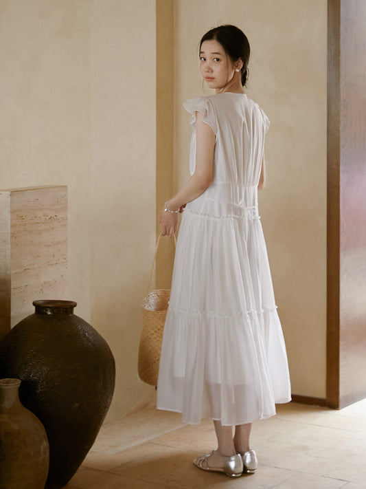 V-Neck Button Dress With Butterfly Sleeves