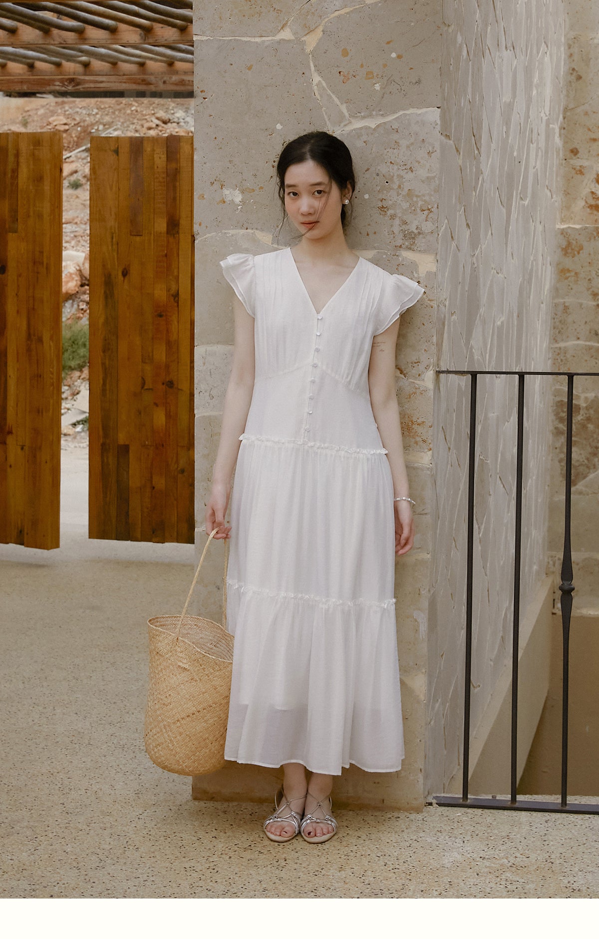 V-Neck Button Dress With Butterfly Sleeves