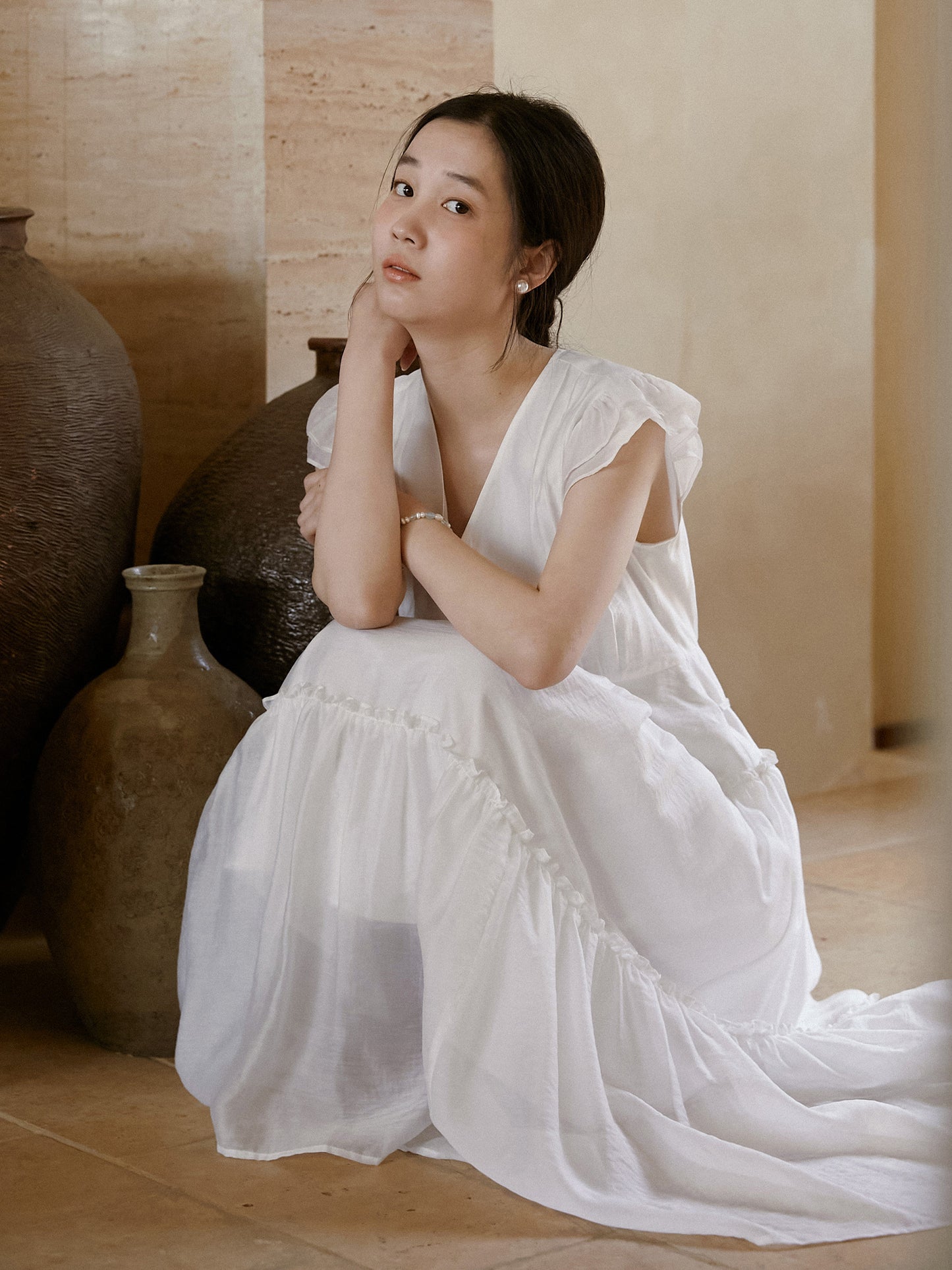 V-Neck Button Dress With Butterfly Sleeves
