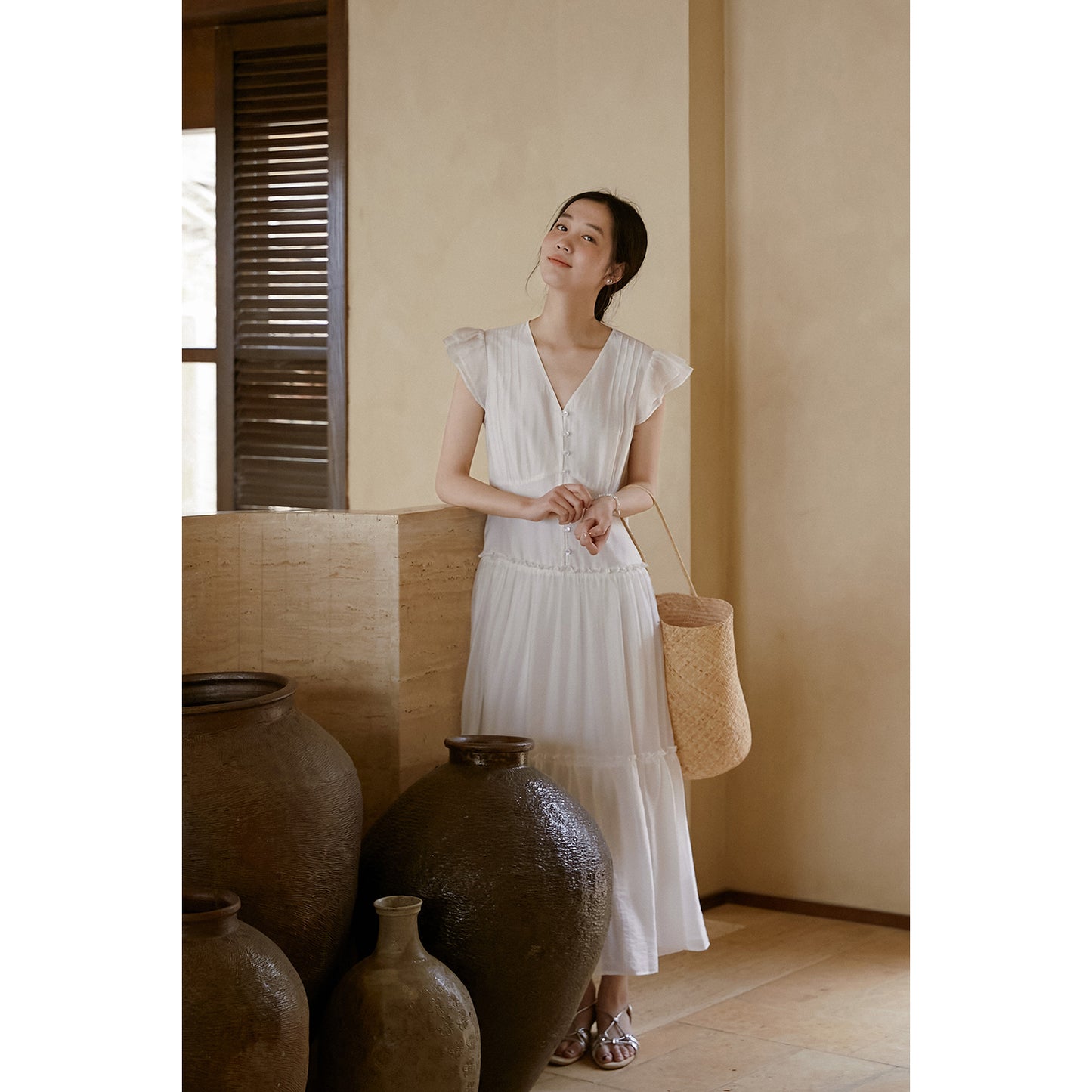 V-Neck Button Dress With Butterfly Sleeves