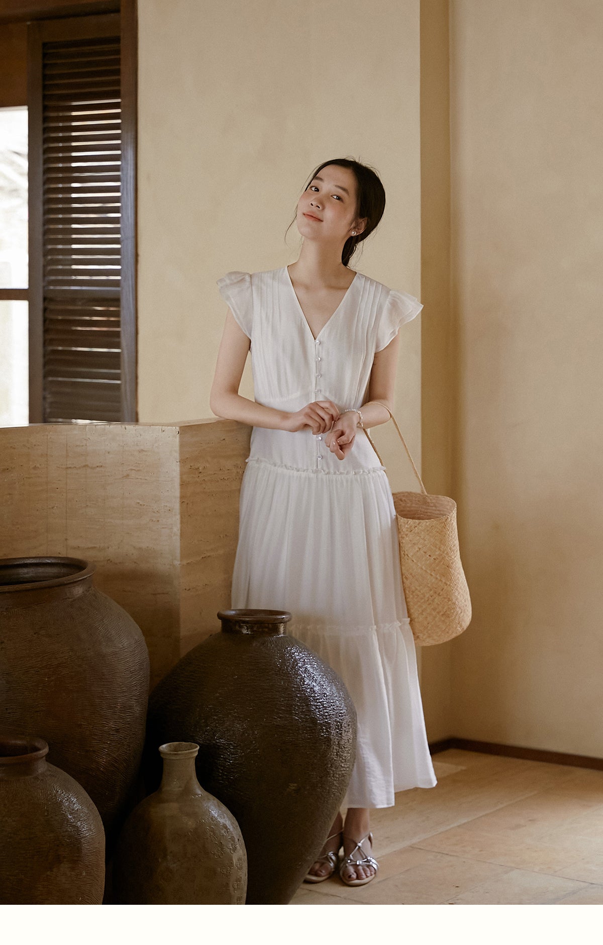 V-Neck Button Dress With Butterfly Sleeves