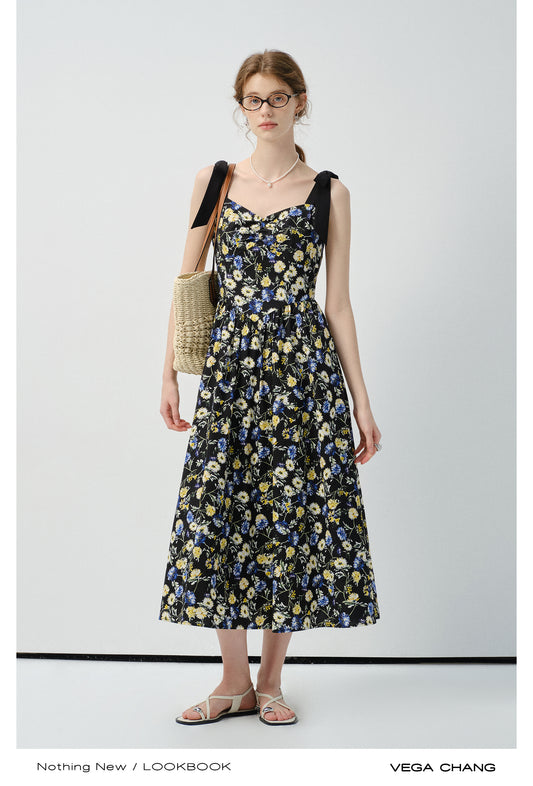 Floral Bow Strap Cotton Dress