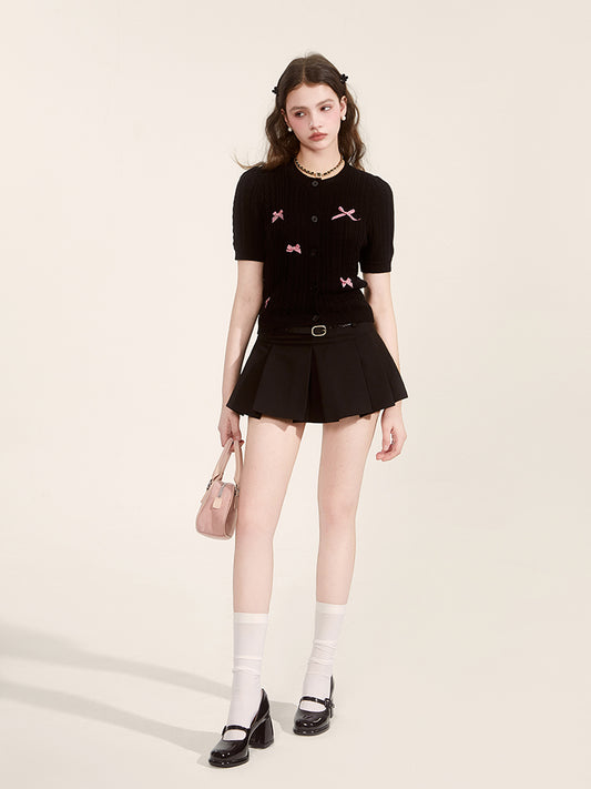 Gingham Bow Cable Knit Short Sleeve Cardigan