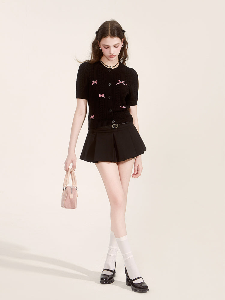 Gingham Bow Cable Knit Short Sleeve Cardigan