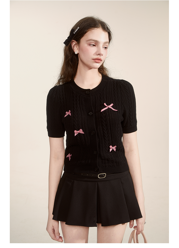 Gingham Bow Cable Knit Short Sleeve Cardigan
