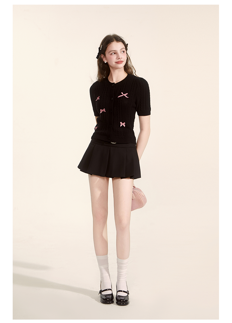 Gingham Bow Cable Knit Short Sleeve Cardigan