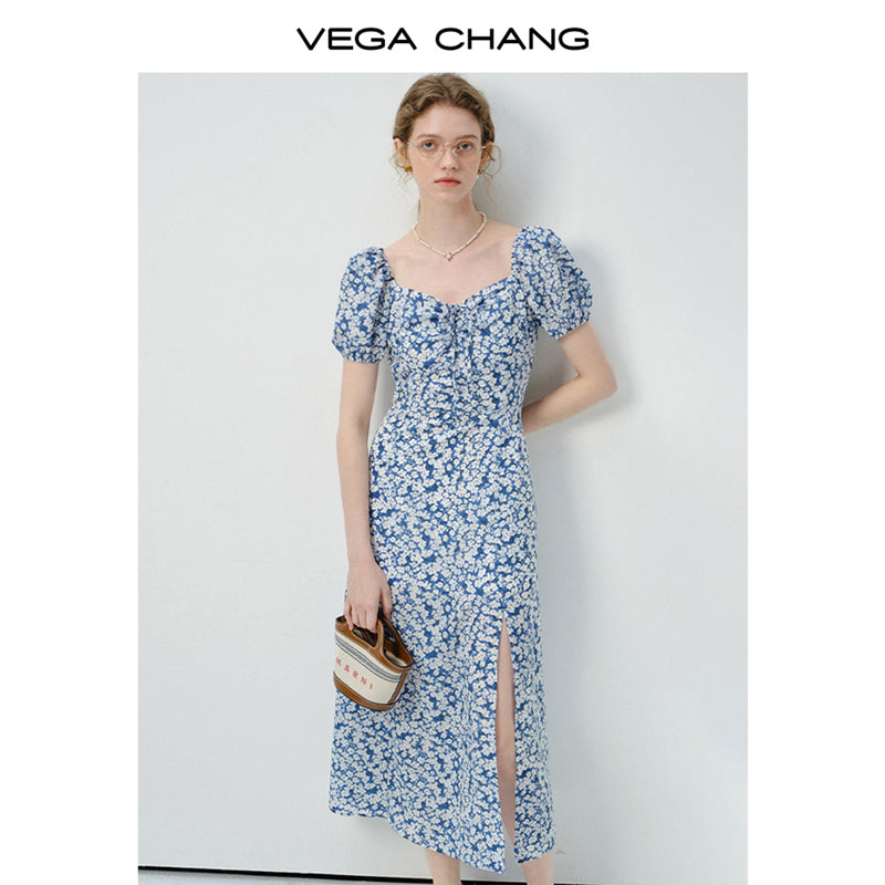 Floral Puff-Sleeve Slit Dress