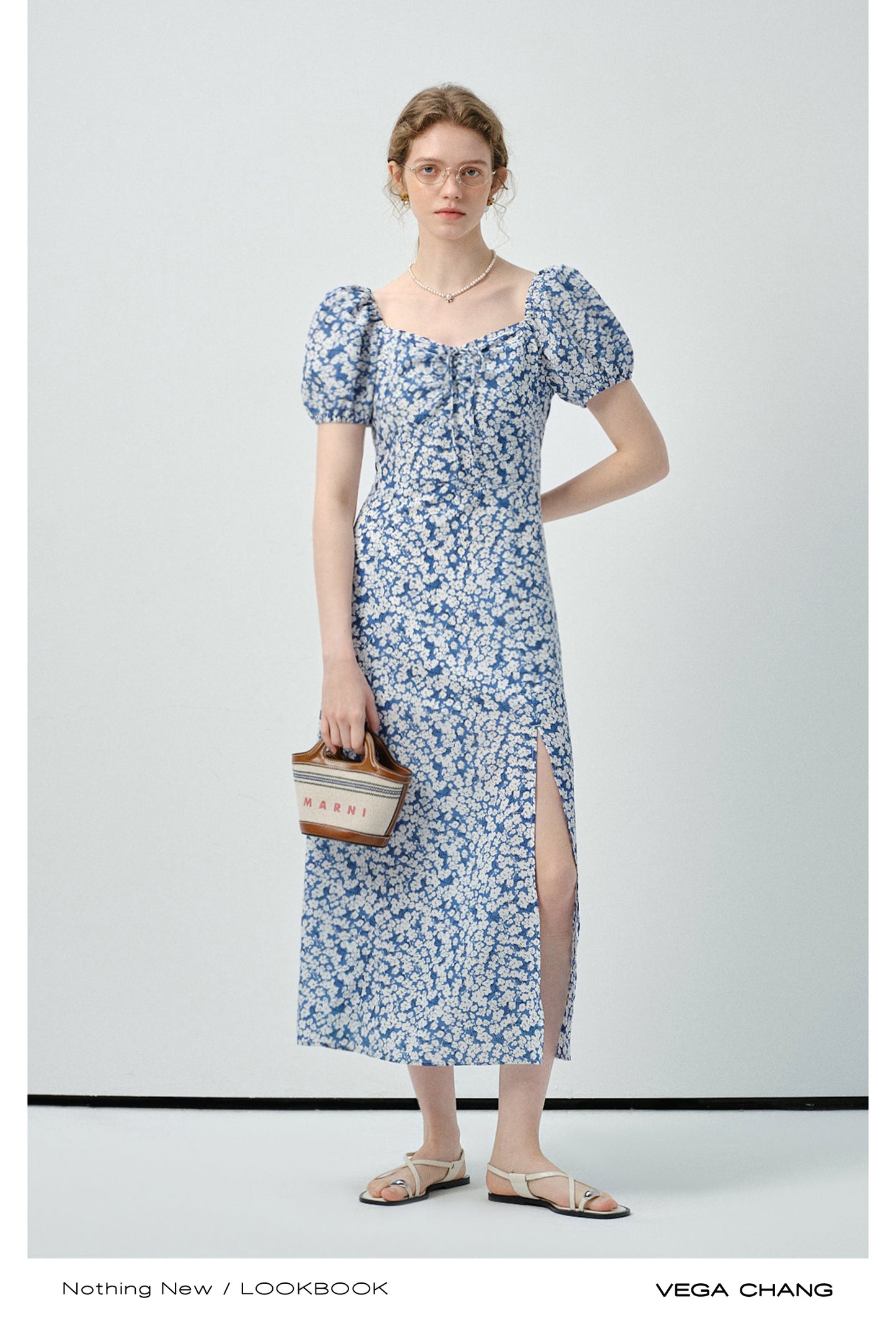 Floral Puff-Sleeve Slit Dress