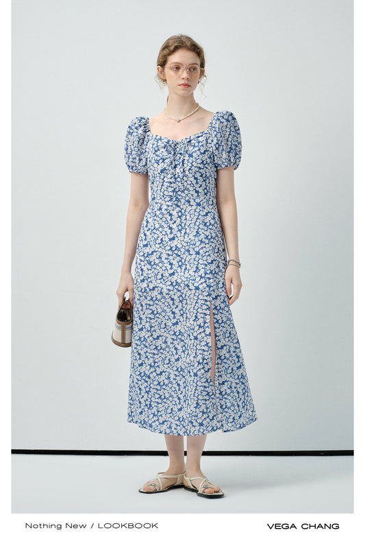 Floral Puff-Sleeve Slit Dress