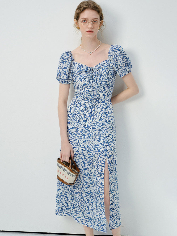 Floral Puff-Sleeve Slit Dress