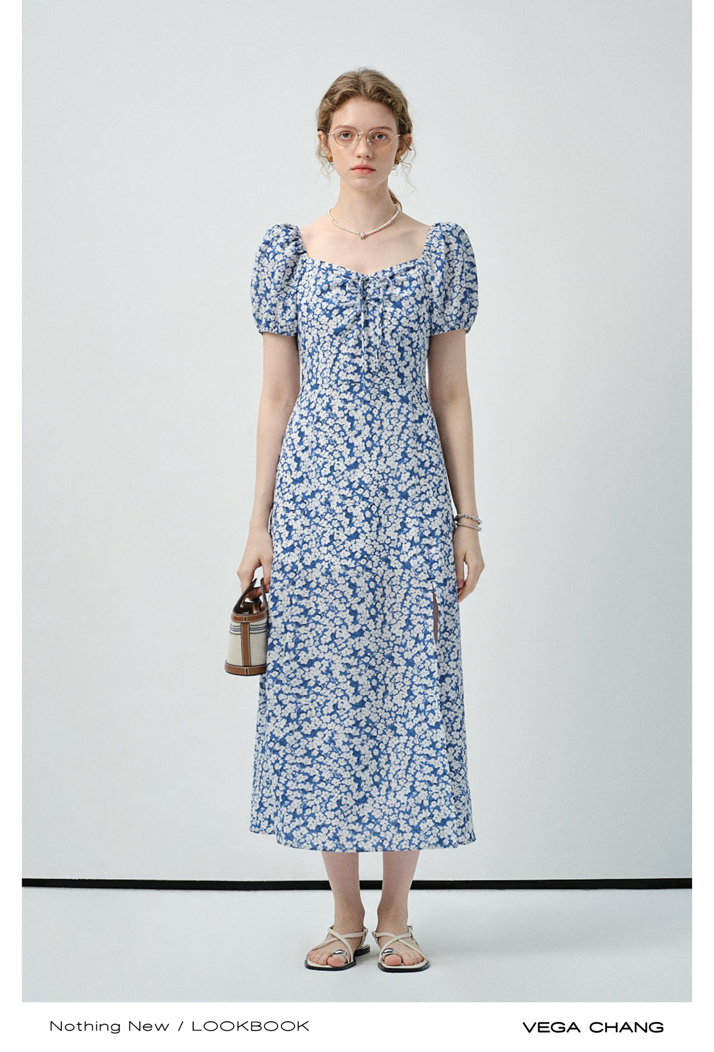 Floral Puff-Sleeve Slit Dress