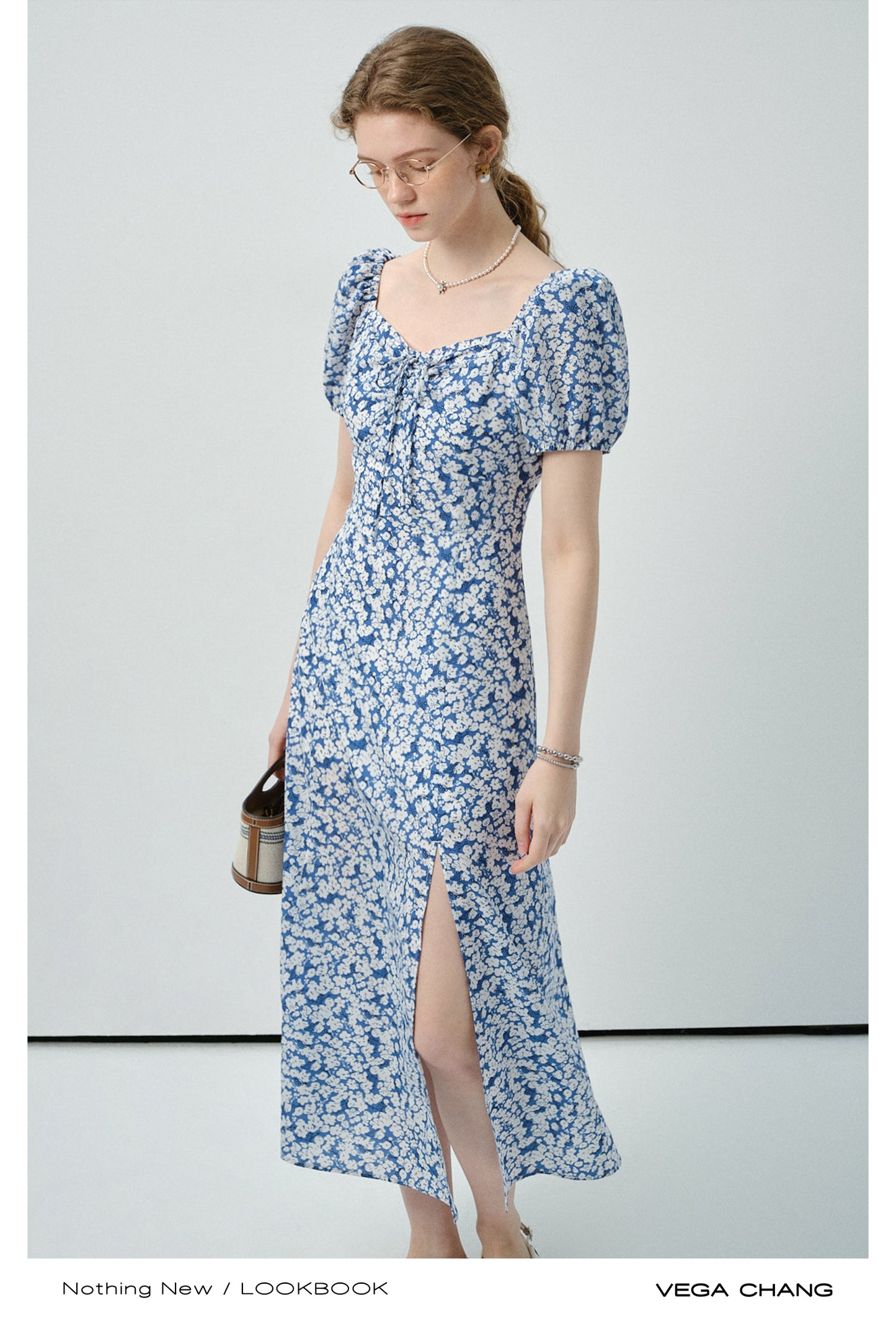 Floral Puff-Sleeve Slit Dress