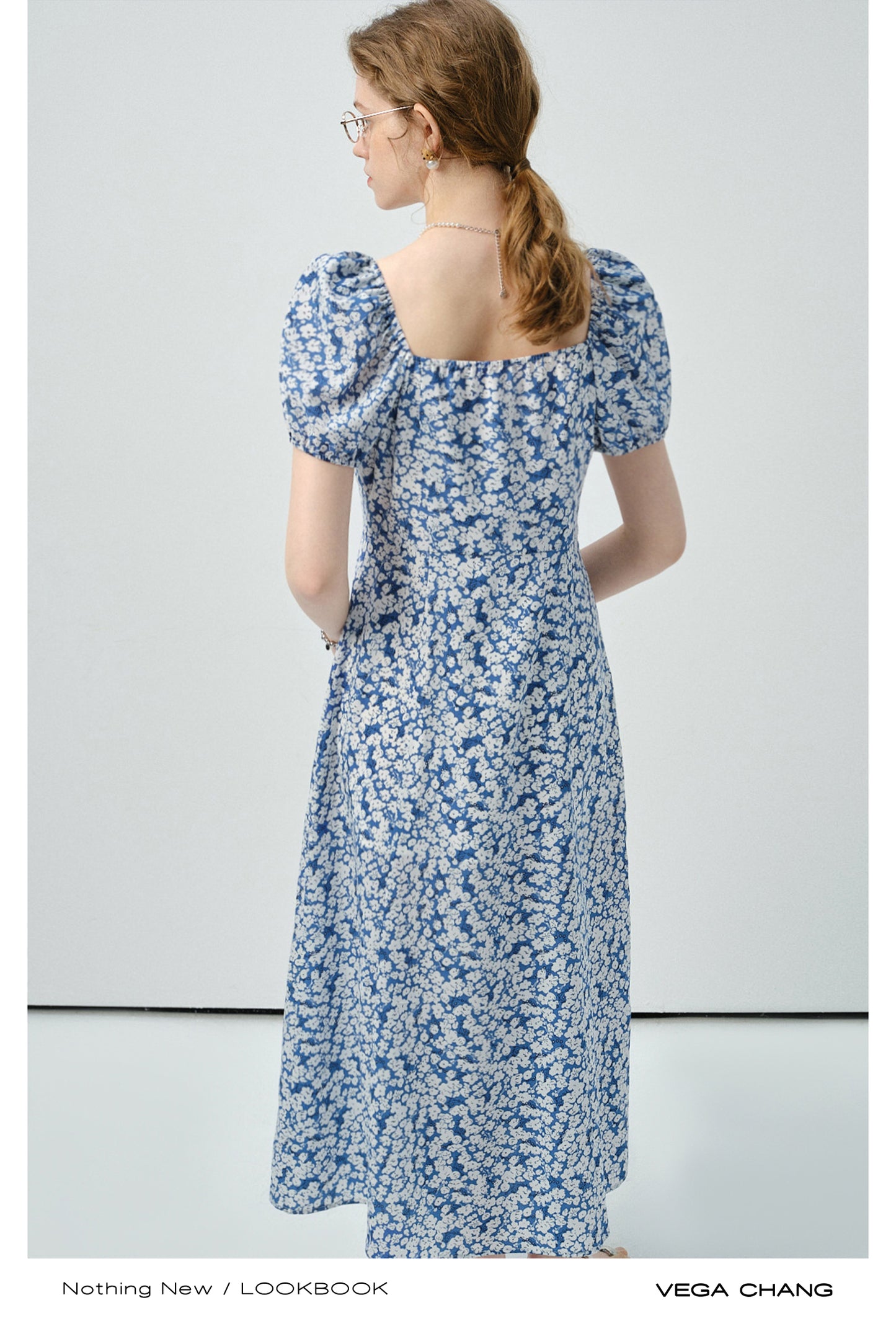 Floral Puff-Sleeve Slit Dress