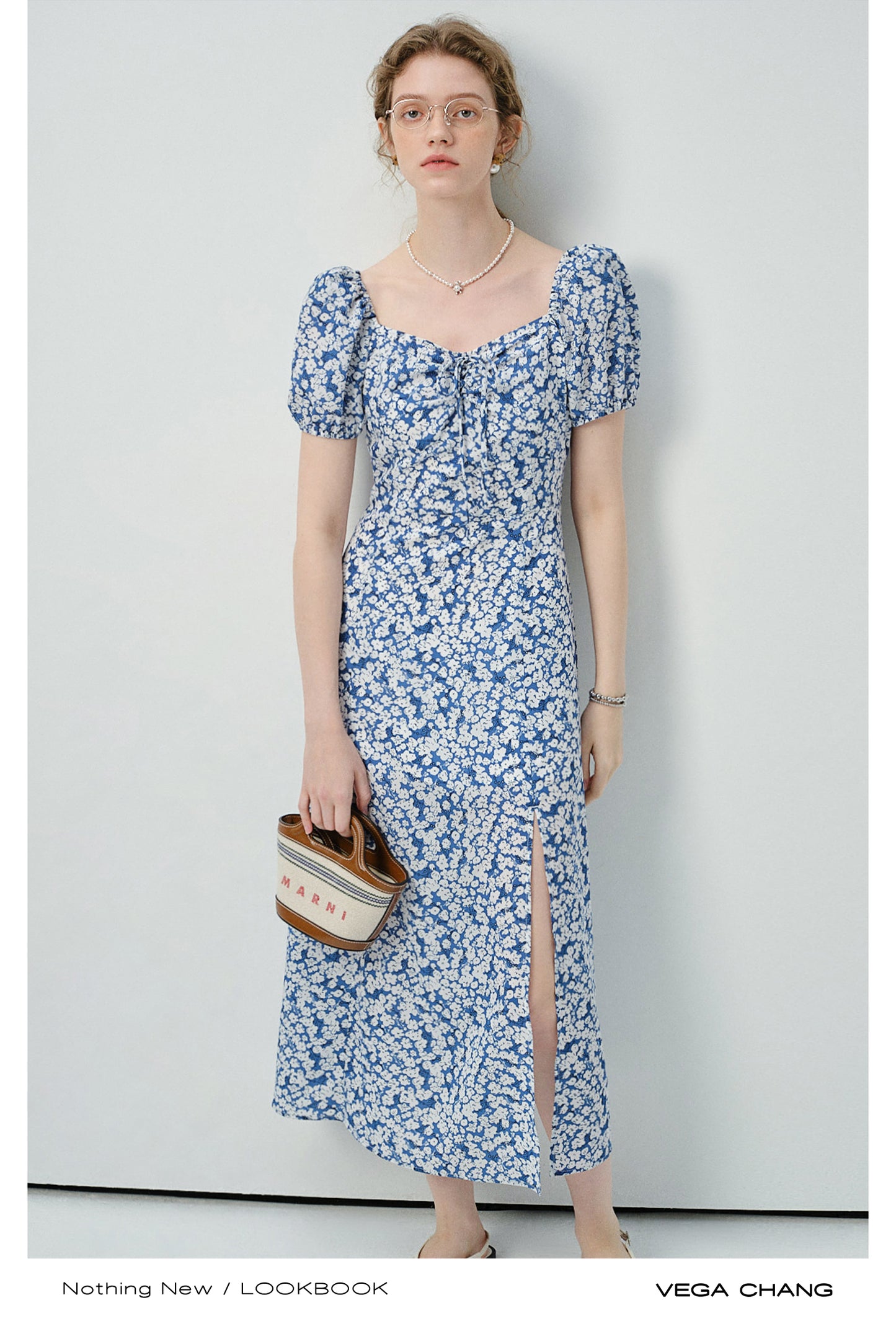 Floral Puff-Sleeve Slit Dress