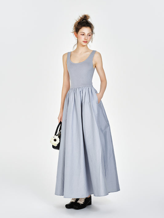 Sleeveless Mixed Fabric Dress, Slim Fit Cardigan