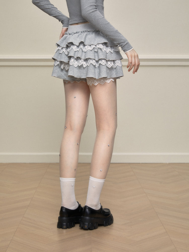 Lace-Mixed Ruffle Skort In Two Tones