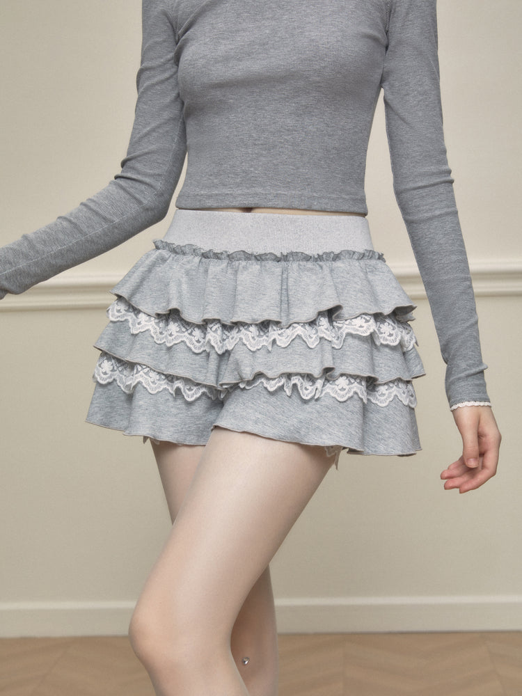 Lace-Mixed Ruffle Skort In Two Tones