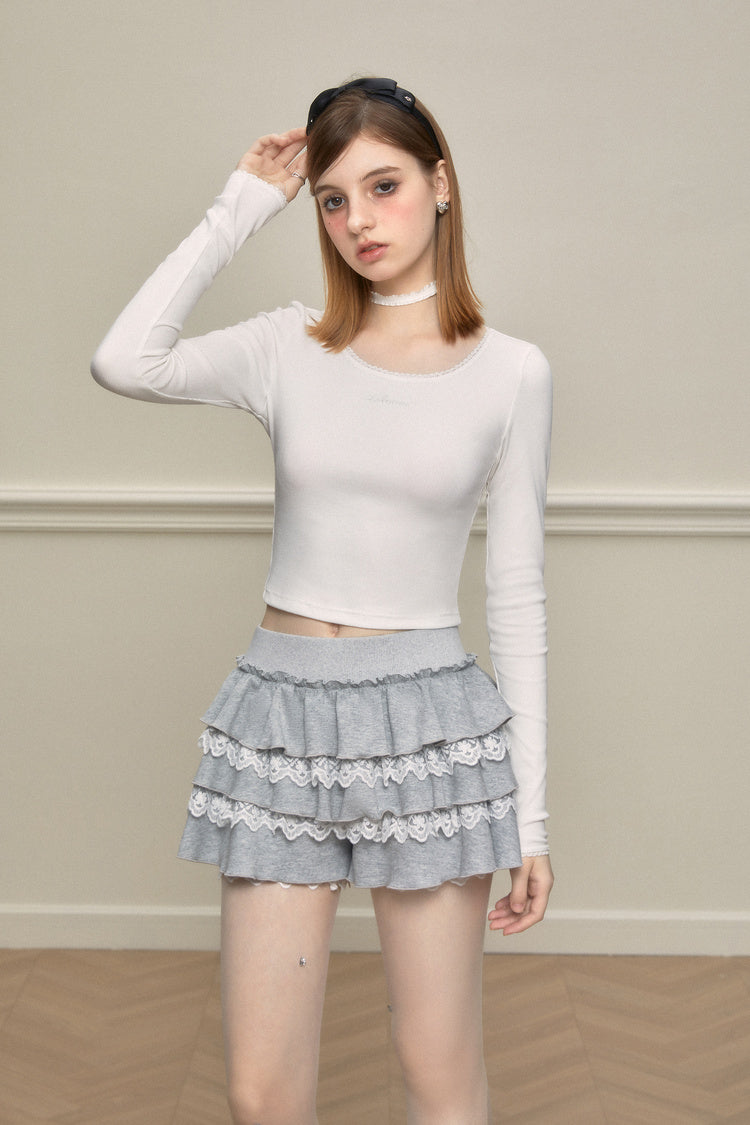 Lace-Mixed Ruffle Skort In Two Tones