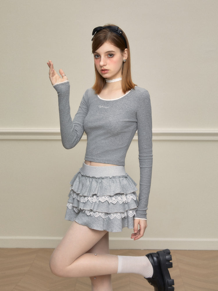 Lace-Mixed Ruffle Skort In Two Tones