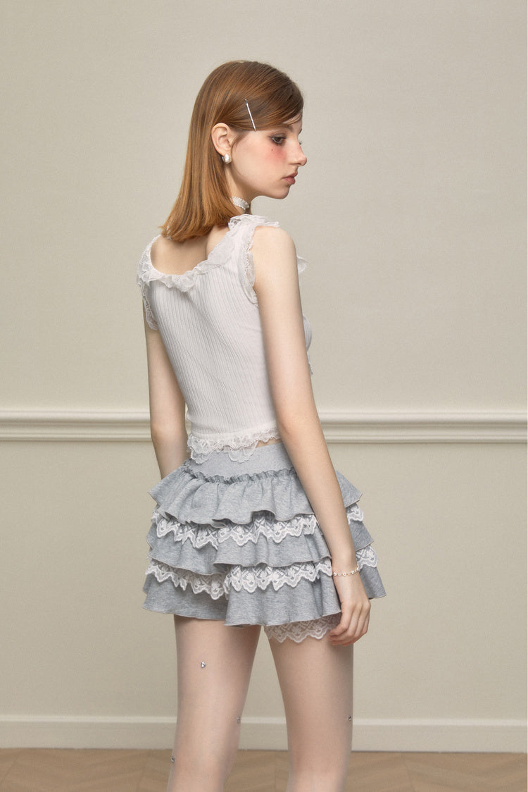 Lace-Mixed Ruffle Skort In Two Tones