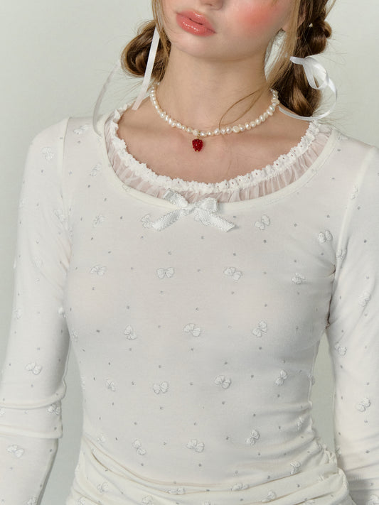 Bow Embroidered Polka Dot Fitted T-Shirt