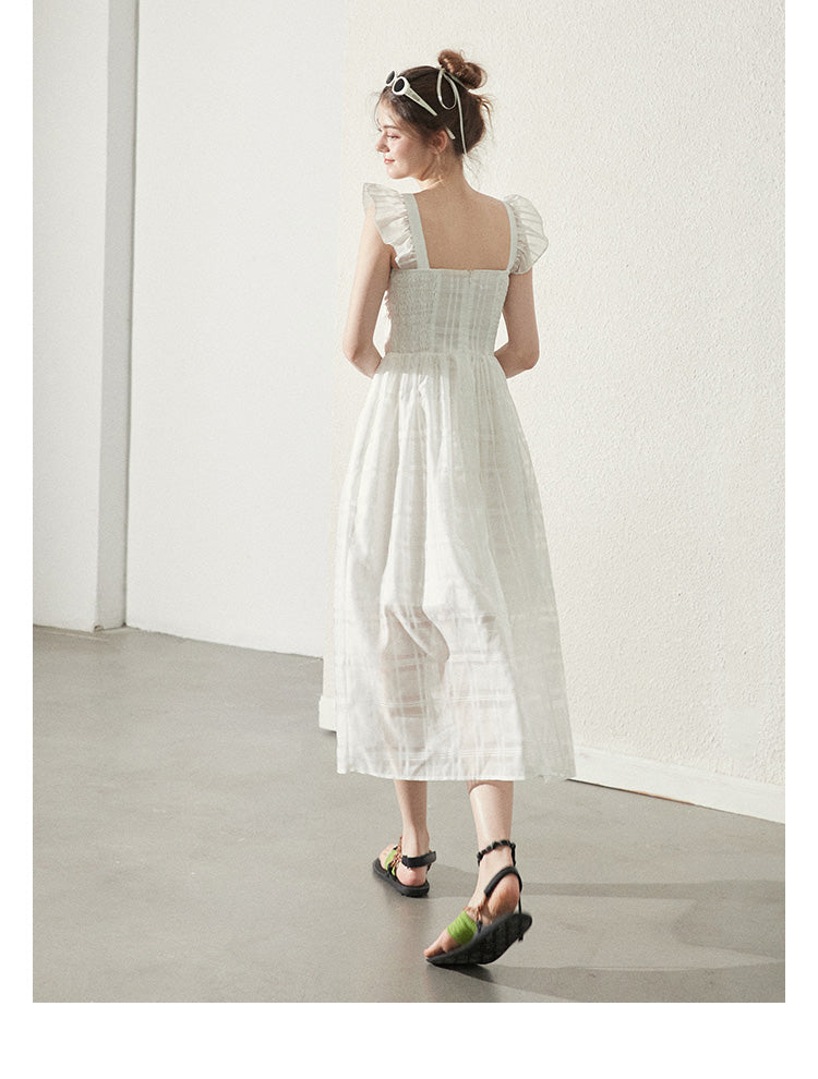 Butterfly-Sleeve Sheer Grid Dress With Bow Detail