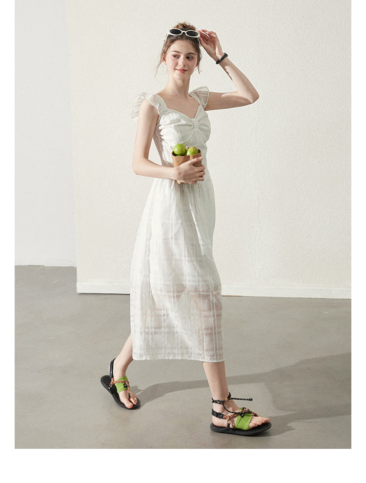 Butterfly-Sleeve Sheer Grid Dress With Bow Detail
