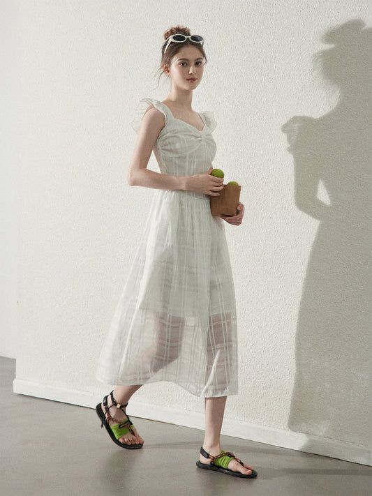 Butterfly-Sleeve Sheer Grid Dress With Bow Detail