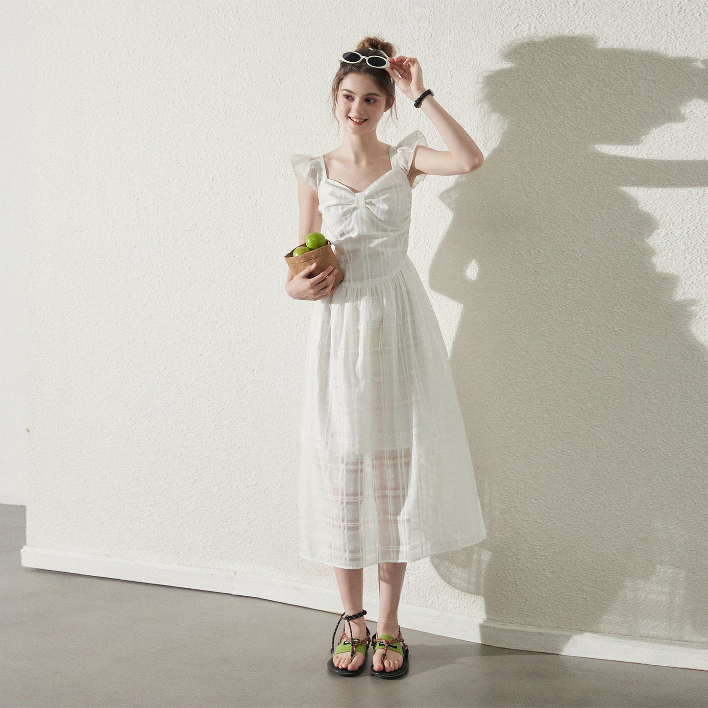 Butterfly-Sleeve Sheer Grid Dress With Bow Detail