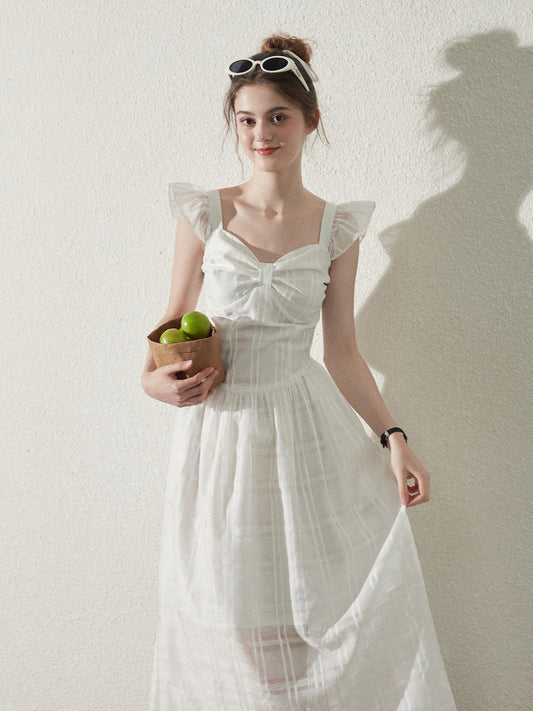 Butterfly-Sleeve Sheer Grid Dress With Bow Detail
