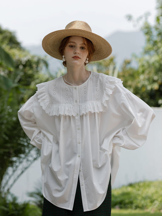Oversized Embroidered Blouse With Ruffled Neck